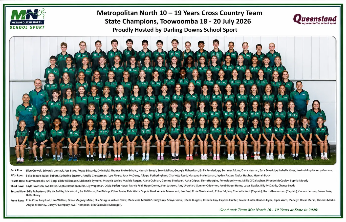 Metropolitan North 10 to 19 years cross country team at the Queensland School Sport State Championships, Toowoomba 2026
