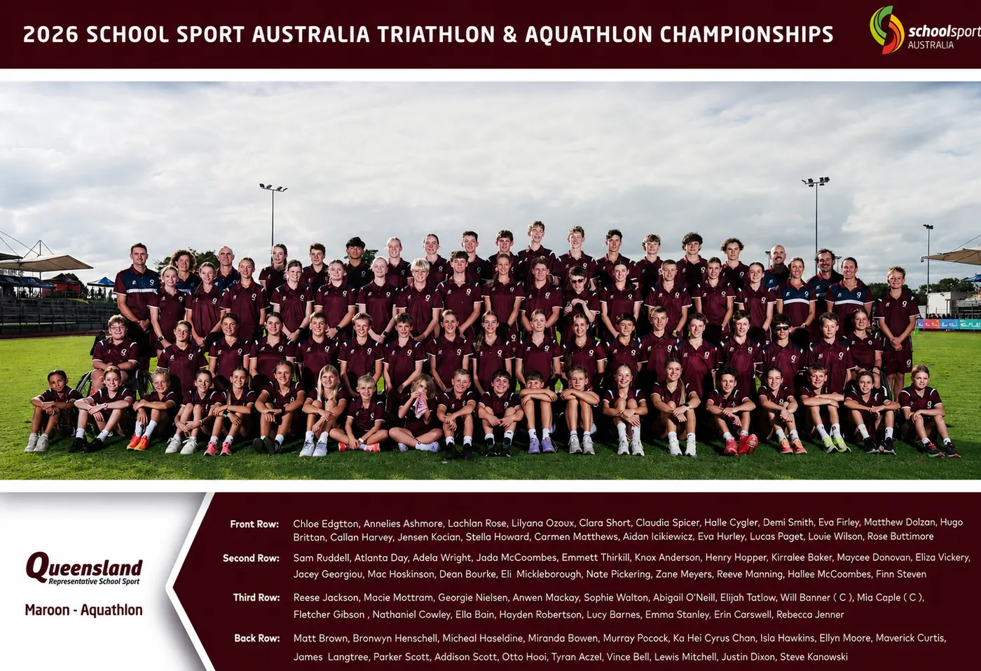 Queensland Maroon Aquathlon team at the 2026 School Sport Australia Triathlon and Aquathlon Championships