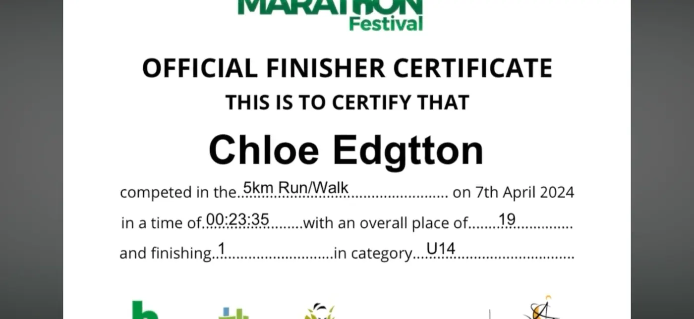 Official Hobart Airport Marathon Festival certificate showing Chloe Edgtton completed the 5km in 23:35, placed 19th overall and first in the Under 14 category.