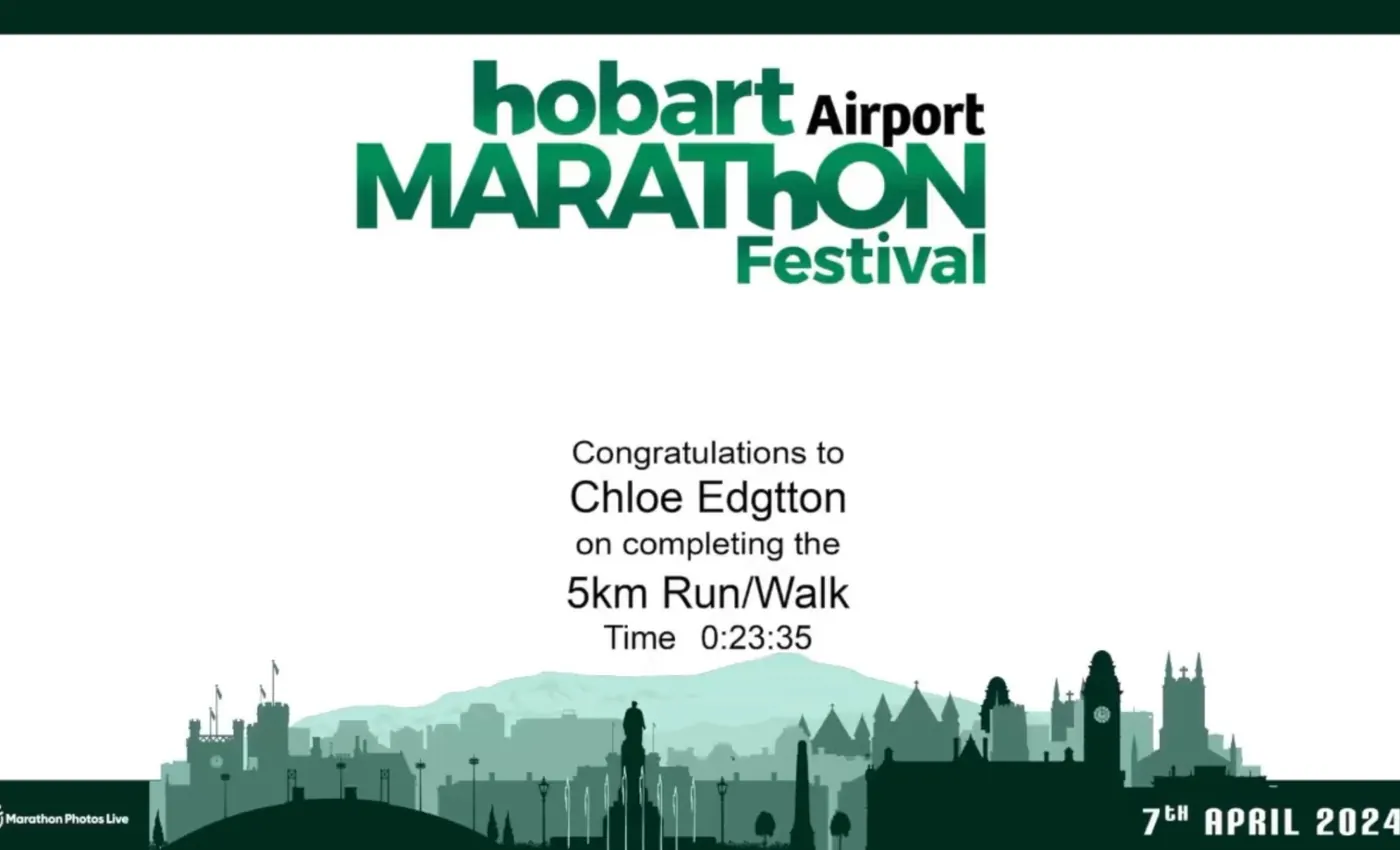 Hobart Airport Marathon Festival finisher image for Chloe Edgtton showing a 5km time of 23:35 on 7 April 2024.